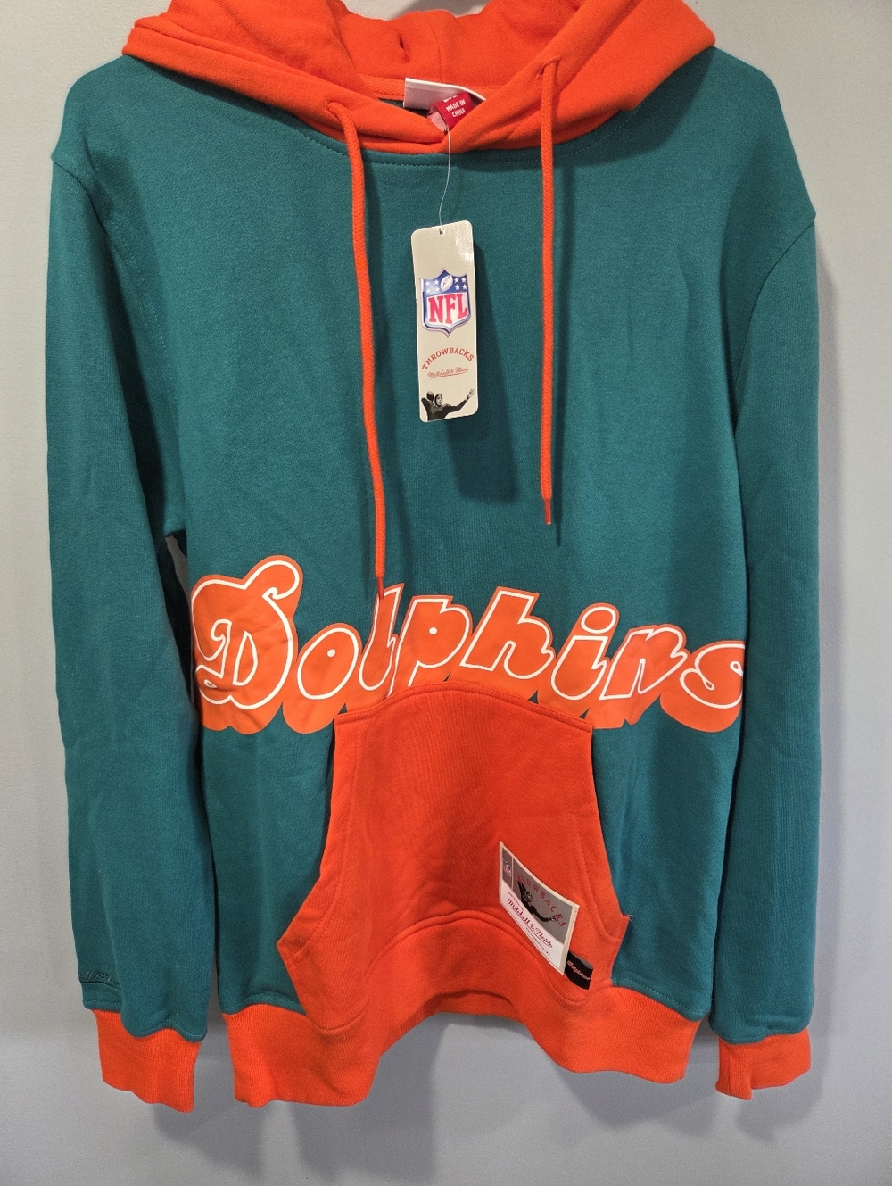 New With Tags Mens Mitchell & Ness Aqua Miami Dolphins Big Face 5.0 Pullover Men